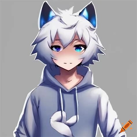 White kemono kitsune wearing a blue hoodie on Craiyon