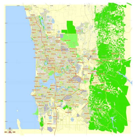 Perth: Free Printable Map Perth, Australia, exact vector street map, fully editable Adobe ...