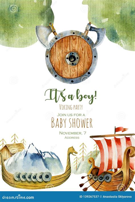 Baby Shower Invitation Card with Watercolor Elements of Viking Culture ...