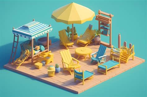 Premium Photo | A low poly illustration of a beach scene with a table, chairs, and umbrellas.
