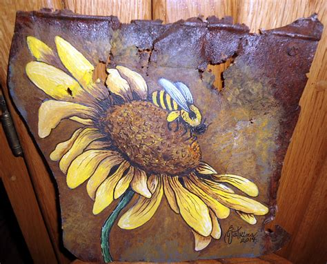 A Sunflower and Bee painted on a piece of old rusty tin. Window Painting, Tole Painting ...