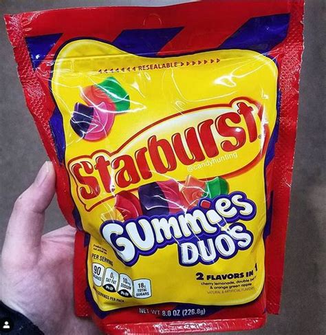 There's Starburst Gummies Duos. Flavors include cherry lemonade, double berry, and orange green ...