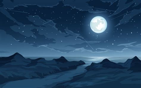 Night illustration with full moon, stars, shooting stars, cloud, sea and river 4865263 Vector ...