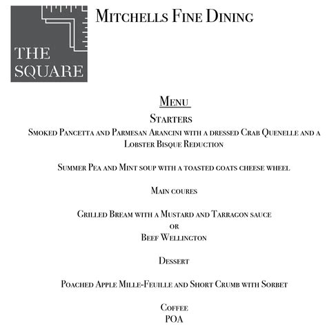 Fine Dining Sample Menu - The Square at Upminster