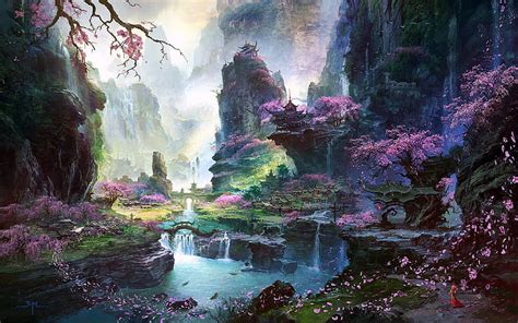 1920x1080px, 1080P free download | Fantasy world, world, art, fantasy, water, flower, pink, ming ...