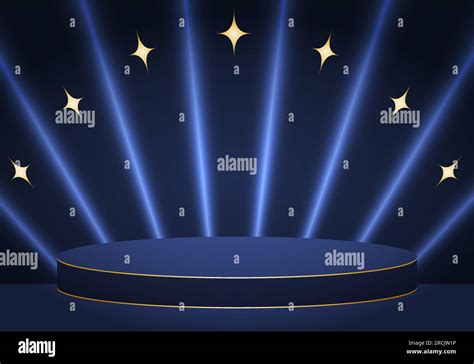 3D cylinder pedestal podium blue in semi circle. Bright rays and gold stars Abstract vector ...