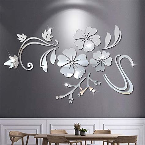 Acrylic Silver Flowers Wall Stickers, 3D Mirror Modern Acrylic Wall Stickers Living Room Bedroom ...