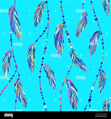 Colorful exotic tropical bird feathers, boho threads and beads seamless vector pattern ...