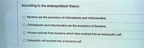 SOLVED: According to the endosymbiont theory: - Bacteria are the ancestors of chloroplasts and ...