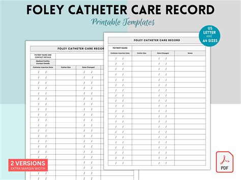 Foley Catheter Care Chart, Catheter Form, Foley Catheter Record Sheet, Health Care Professionals ...