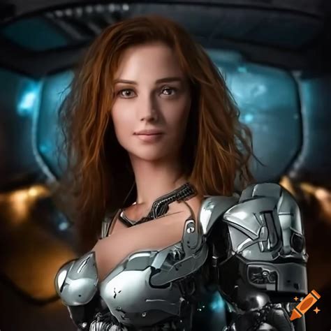 Futuristic female cyborg in chrome armor standing in a spaceship on Craiyon
