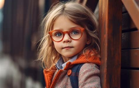 Premium AI Image | A young girl wearing glasses stands in front of a wooden door.