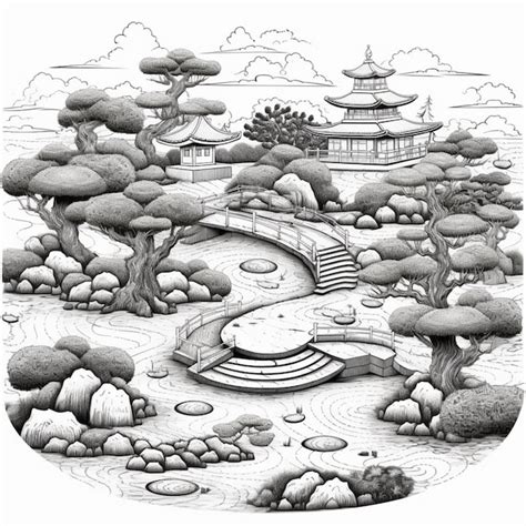 Premium AI Image | A drawing of a japanese garden with a bridge and pagoda generative ai