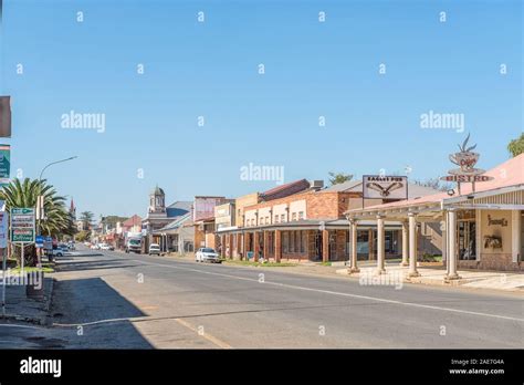 VREDE, SOUTH AFRICA - MAY 1, 2019: A street scene, with businesses and ...