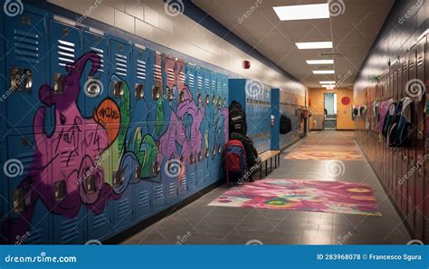 School Hallway Filled with Lockers Decorated with Student Artwork Stock ...