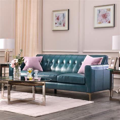 Maklaine Leather Sofa Tufted Back In Turquoise - Walmart.com - Walmart.com