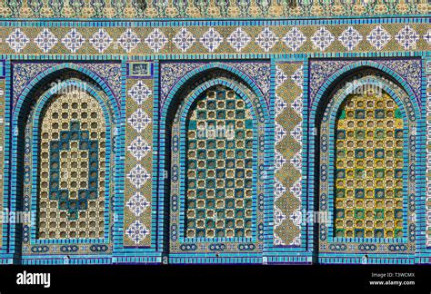 Blue Arabic mosaic tiles and details on the Dome of the Rock, Temple Mount, Jerusalem. Israel ...