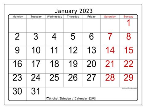 January 2023 printable calendar “62MS” - Michel Zbinden AU