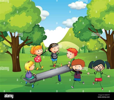 Happy children playing seesaw in park illustration Stock Vector Image & Art - Alamy