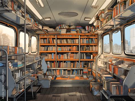 A look at a mobile library in a bus crammed with bookshelves and reading nooks. Stock ...