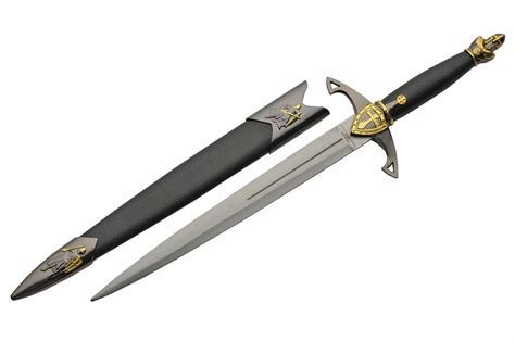 13.75" Medieval Knights Gold Dagger With Black Scabbard For Sale