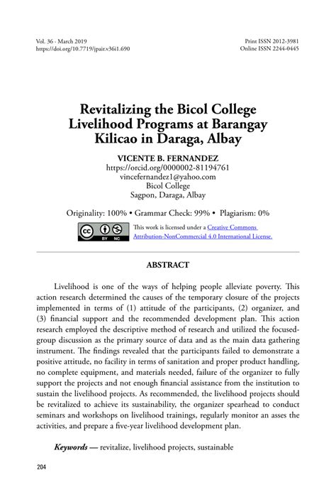 (PDF) Revitalizing the Bicol College Livelihood Programs at Barangay Kilicao in Daraga, Albay