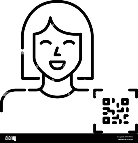 Smiling woman and qr-code next to her. Personal account access. Pixel perfect, editable stroke ...