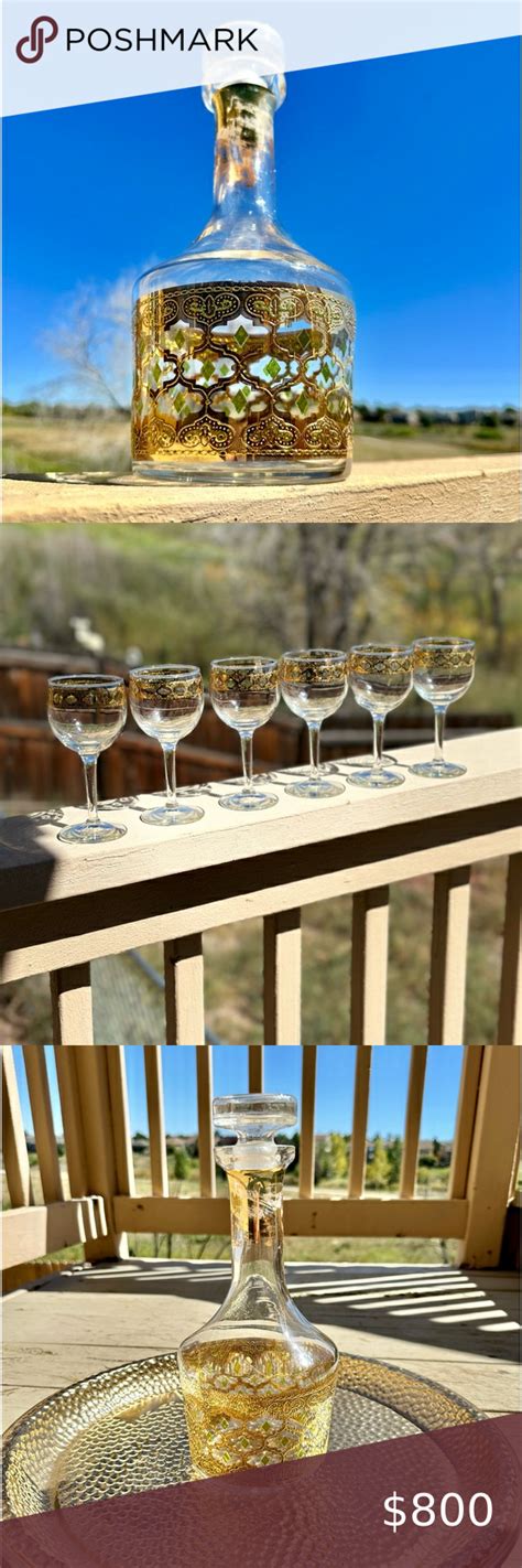 Culver Valencia Vintage Gold Decanter & Wine Glass Set Wine Glass Set, Carver, Wine Decanter ...