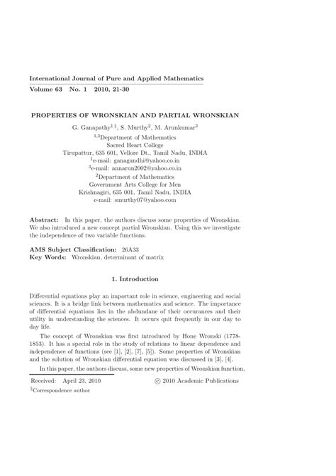 (PDF) Properties of Wronskian and partial Wronskian