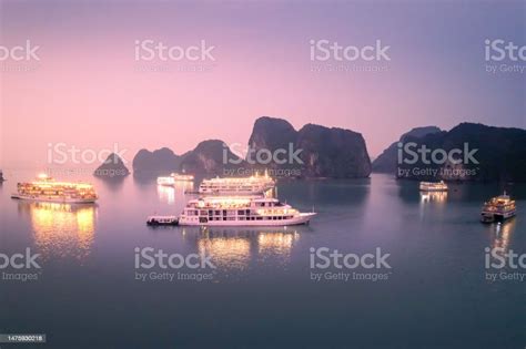 Aerial View Of Sunset And Dawn Near Rock Island Halong Bay Vietnam Southeast Asia Unesco World ...