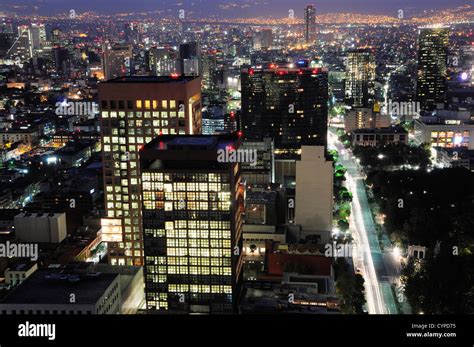 Mexico, Federal District, Mexico City, City skyline view of illuminated ...