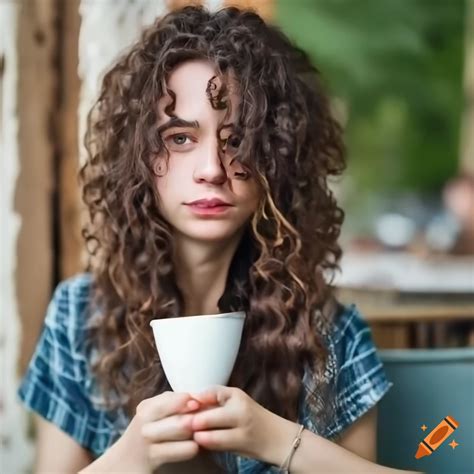 Young attractive playful thoughtul woman with dark brown curly wavy hair having coffee at cozy ...