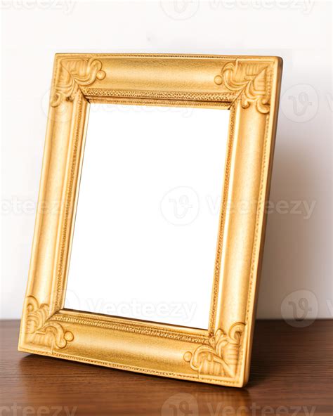 blank golden picture frame on the wooden table. Generative AI 26851171 PNG