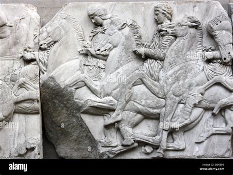 Detail from the Parthenon Frieze. Greek marble sculpture, made between 443-438 BC. The full ...