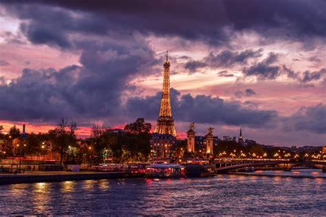 Download Monument River Cloud Night France Paris Man Made Eiffel Tower HD Wallpaper