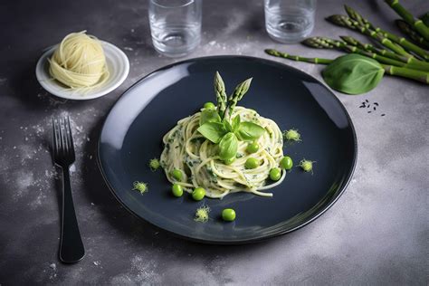 Traditional Italian spaghetti with asparagus in a herb sauce served as ...