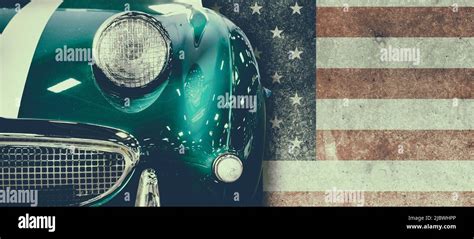 Front view of a vintage car with USA flag in background Stock Photo - Alamy