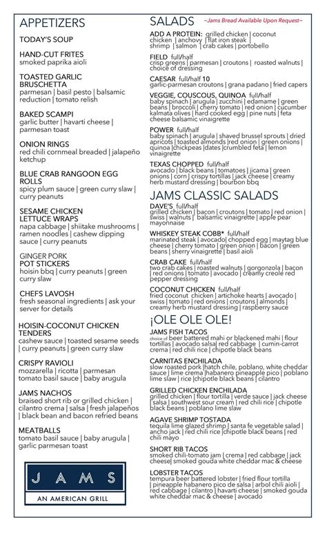 Menu at Jams Legacy restaurant, Omaha