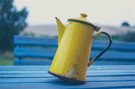 Free Images : table, bench, teapot, green, drink, blue, yellow, tipping, coffee pot 4472x2971 ...