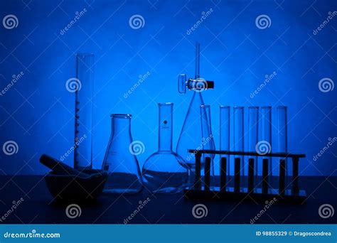 Chemistry Lab Set on a Table Over Blue Background Stock Image - Image of science, equipment ...