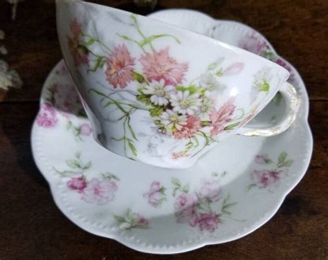 Antique LIMOGES FRANCE Tea Cup With Saucer porcelain Hand Painted Pink Flowers White Daisy ...