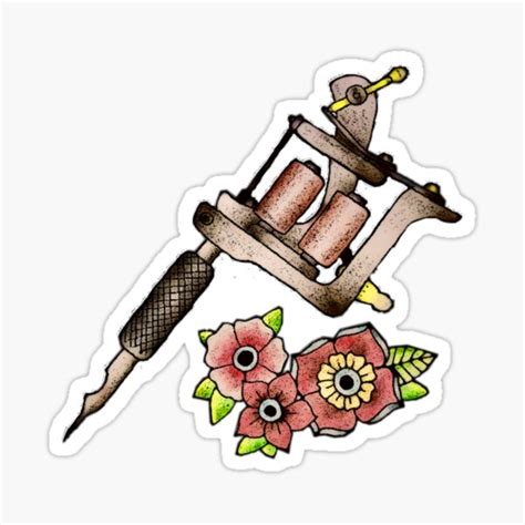 "Old School Tattoo Machine and Flowers Tattoo Design" Sticker for Sale ...