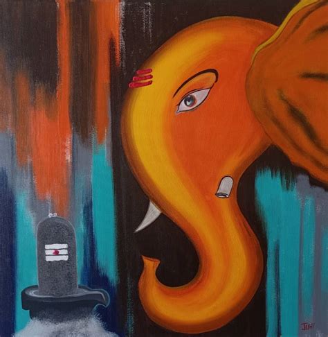 Shree Ganesha bowing to Shiva Lingam Painting by Juhi Gupta | Saatchi Art