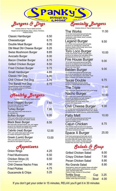 Menu of Spanky's Burgers in Brownsville, TX 78520