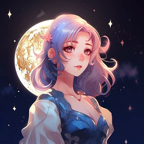 Cute Kawai Anime Character Illustration with Moon Behind Generative Ai ...