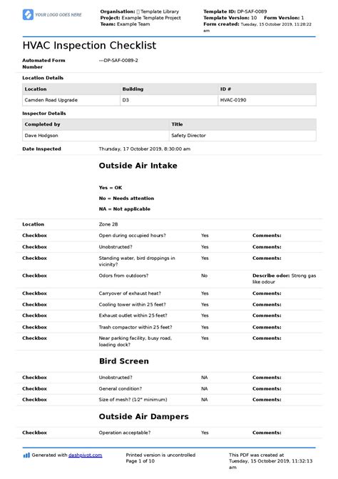 Hvac Preventive Maintenance Checklist Template Excel