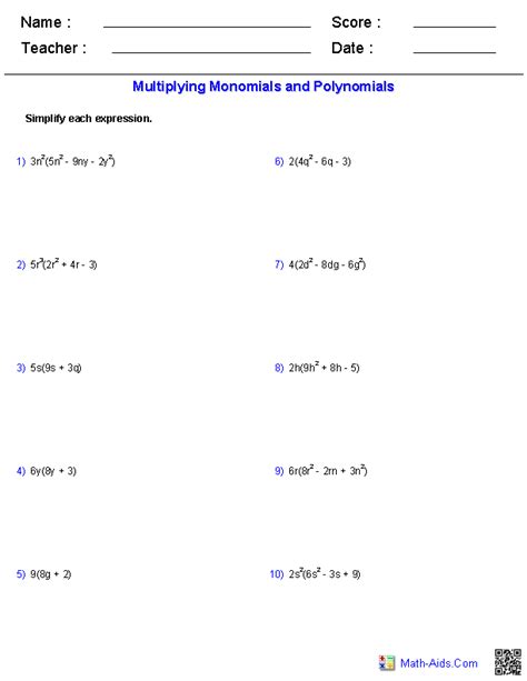 Algebra 1 Worksheets | Monomials and Polynomials Worksheets