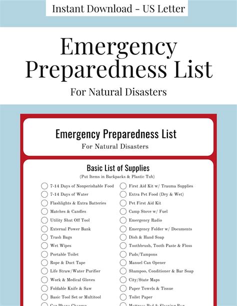 Emergency Preparedness List Natural Disasters Basic Supplies List Printable Red, Black and White ...