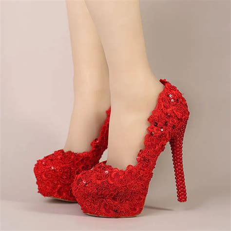 2016 Sparkling Red Pumps Celebrity Stiletto Shoes Red Bridal High Heel Flower Lace Wedding Shoes ...