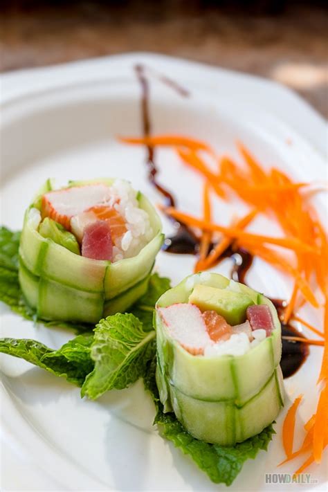 New York Sushi Roll Recipe with Basket Weaved Cucumber Wrapper